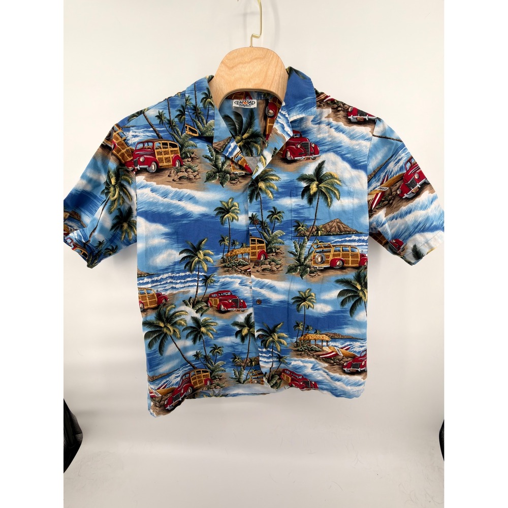Pacific‎ Legend Hawaiian Shirt Mens Blue Red Tan Woody Wagon Surfboard Cotton